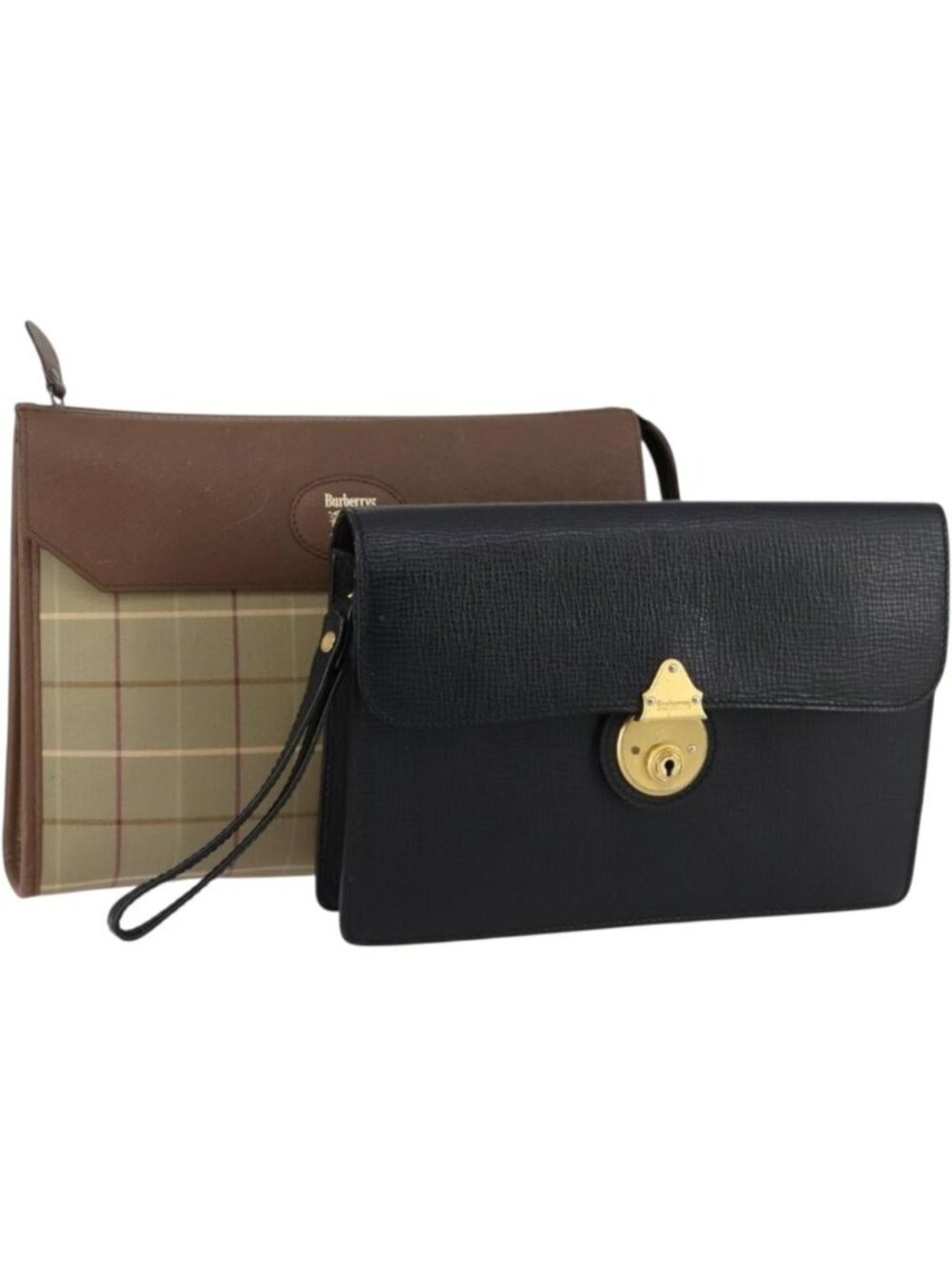Burberrys Nova Check Clutch Bag Canvas Leather 2 Set Black Beige